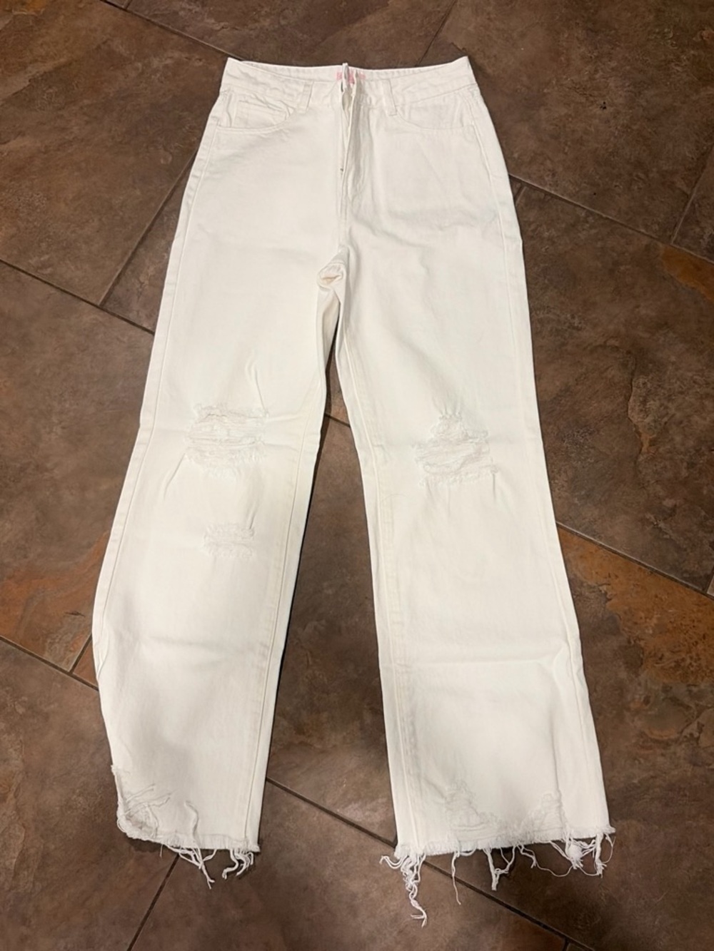 Pink Lily White Straight Leg Distressed Jeans